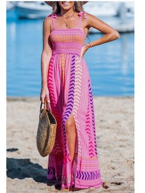 Pink Chevron Striped Self-Tie Strap Maxi
Dress